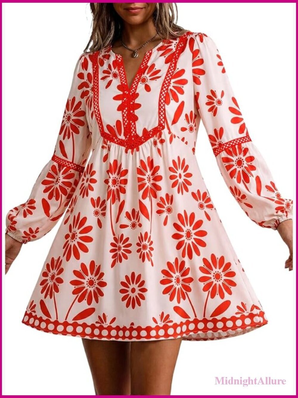 Boho Floral V Neck Long Sleeve Embroidered Lace Mini Dress